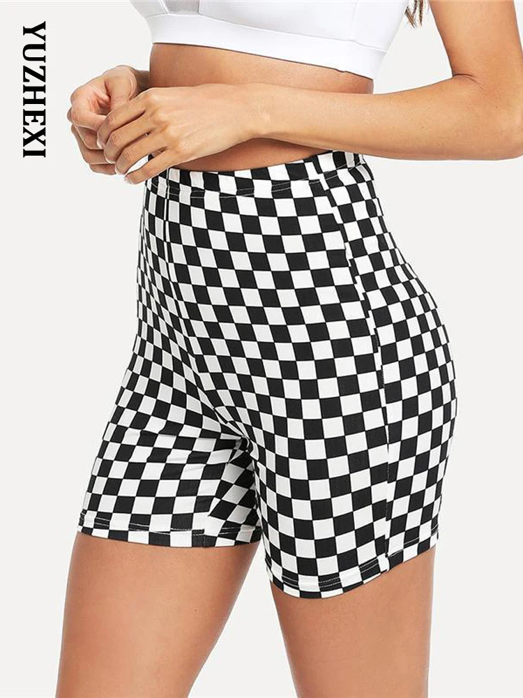 YUZHEXI Black&white Workout Shorts Women Plaid Bodycon Smooth Fitness Clothes Casual Streetwear Fashion Sports Bottoms