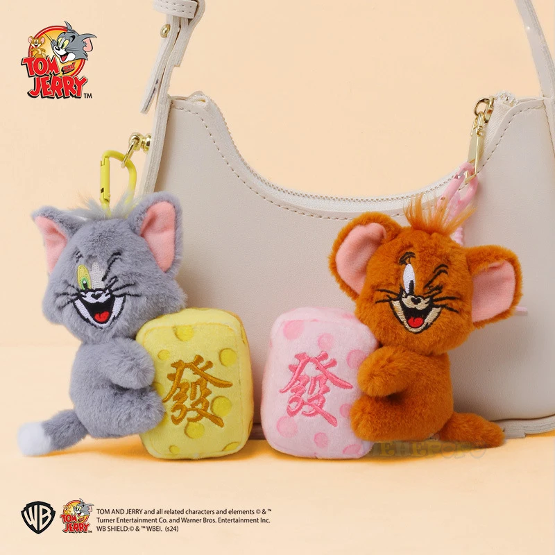 12cm Tom and Jerry Fortune Mahjong Plush Keychain Pendant New Year Tycoon Keychain Cute Bag Hanging