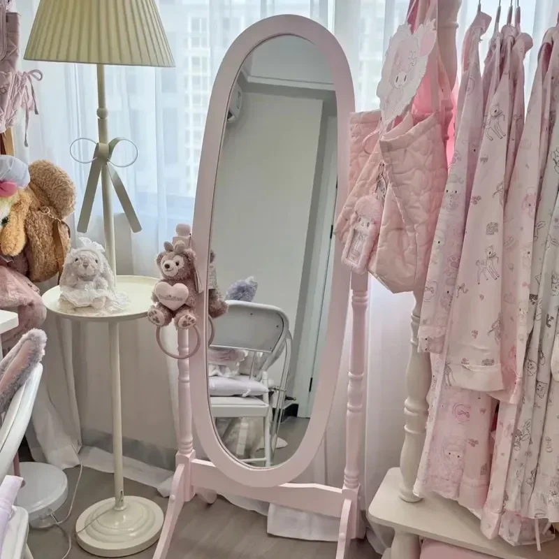 for All Solid Wood Floor to Ceiling Full Length Mirror No Deformation Living Room Bedroom Princess Style Cherry Blossom Pink