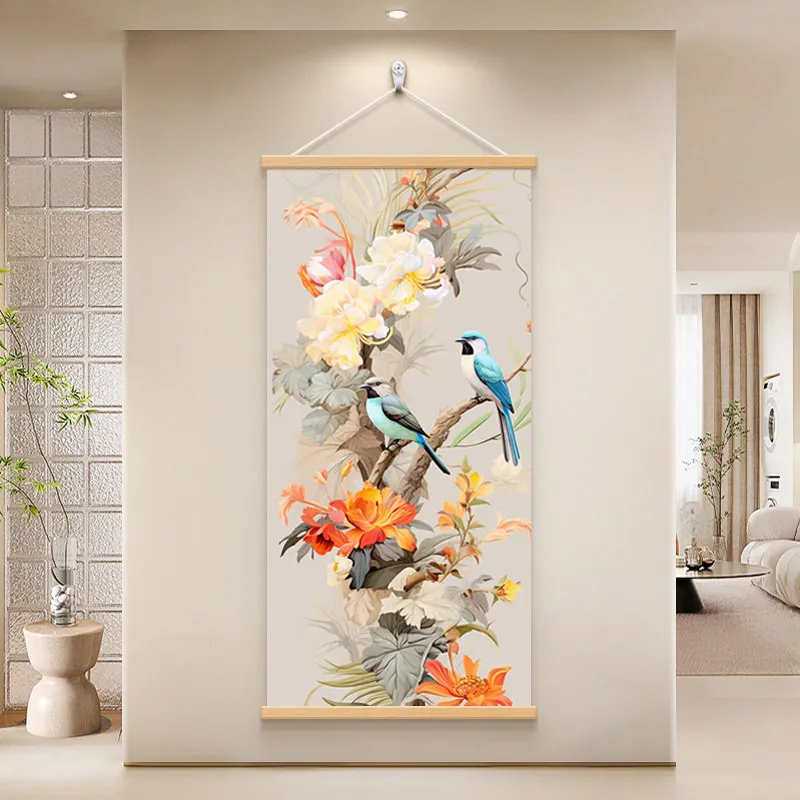 Wall Art Orange Magnolia Blossom Magpie New Chinese Pearlescent Canvas Hanging Scroll with Wooden Rods for Entryway Tea Room