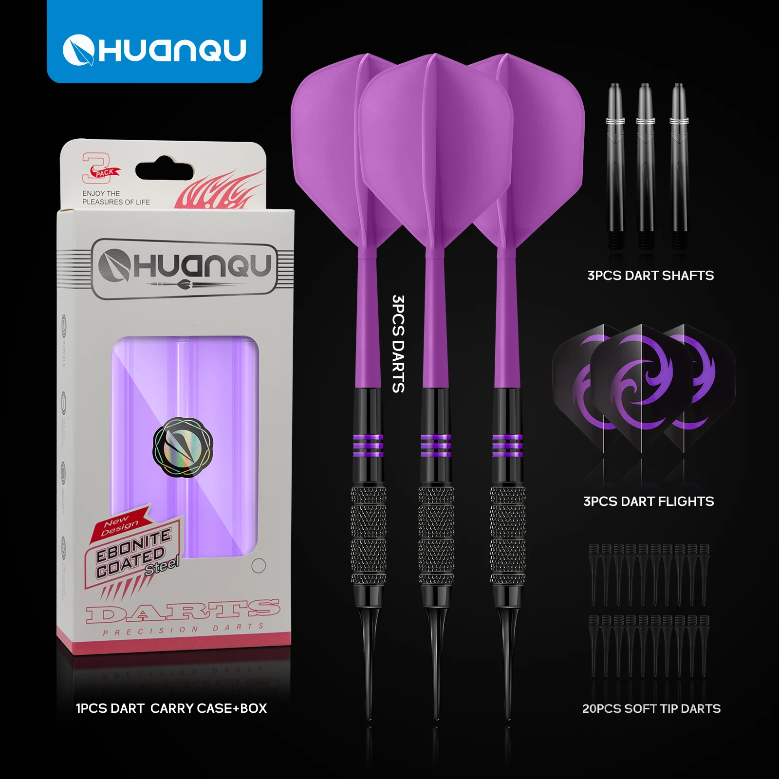 Huanqu 3-Piece High-Quality Dart Set Comes with a Portable Storage and Protection Case, Includes Three Complete and Safe Soft-Tip Darts, Also Comes with Three 47mm Dart Shafts, Three Standard Dart Wings, and 20 Safety Dart Tips. Precise and Durable, Suitable for Indoor and Outdoor Leisure Entertainment, Daily Training or Competition, Perfect Gift