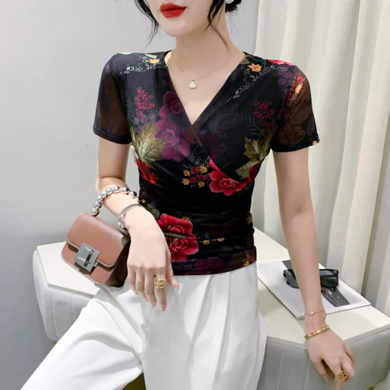 # 5896Zomer Bloemen Gedrukt Mesh T-shirt Vrouwen Zwarte Korte T-shirt Vrouwelijke Dunne V-hals Vintage Office Wrap T-shirt Femme Elastisch