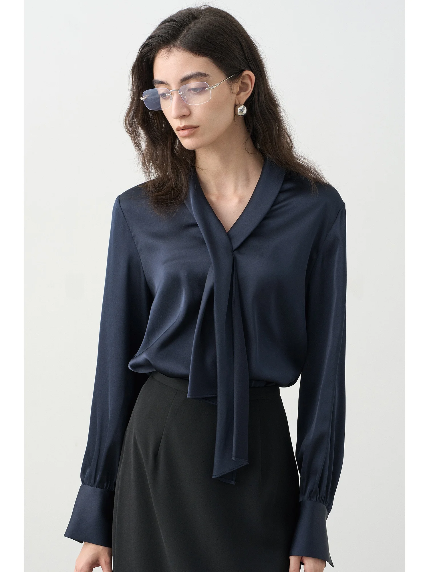 

USEEN Deep Blue Sa Women's irt Casual Commute Loose Slimming Drapey Top Polyester Fiber Long Sve Straight Cut