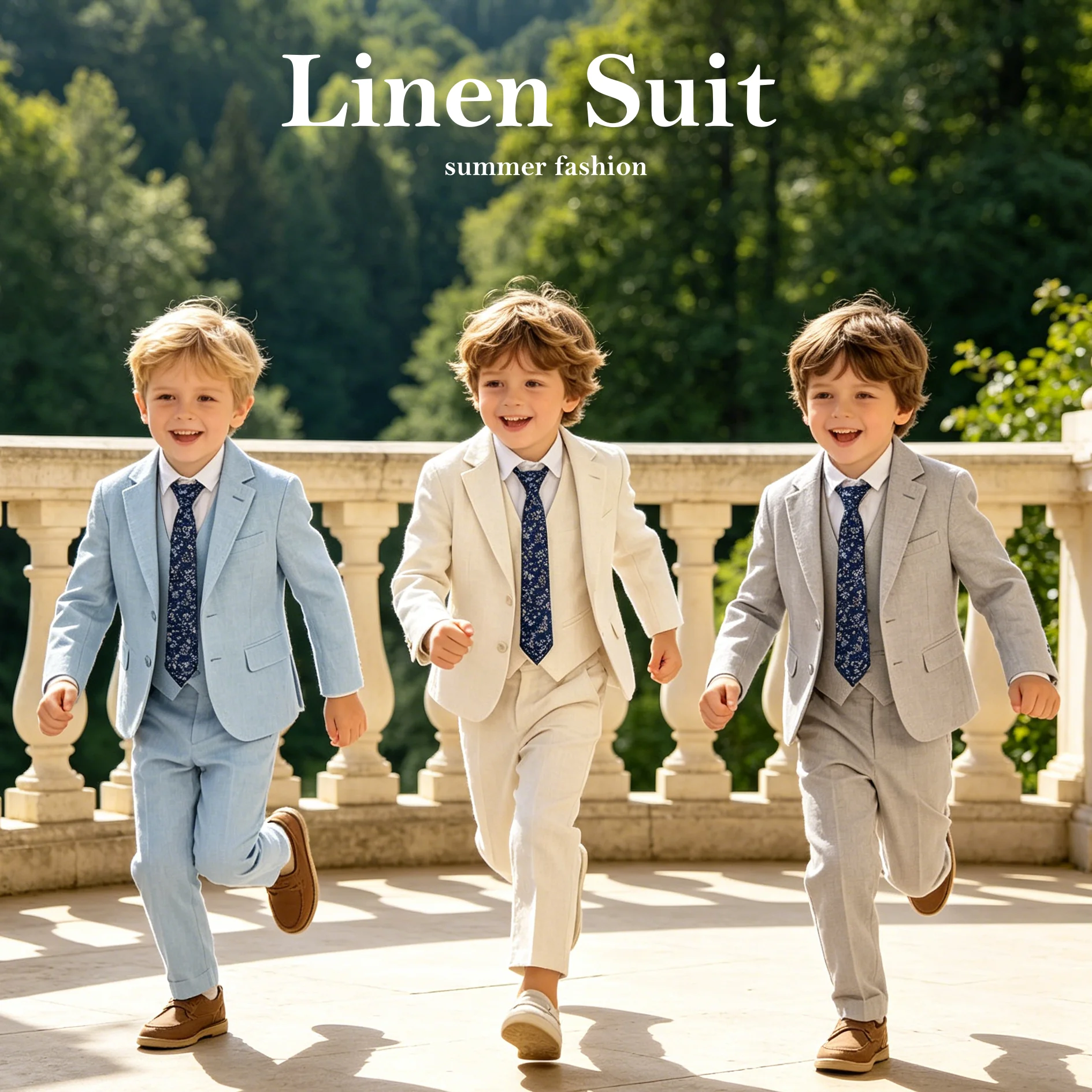 10 Days Delivery Boy's Formal Linen Suit 4-Piece Jacket Vest Pants Tie Bowtie Wedding Ring Bearer Page Boy Tuxedo Communion Suit