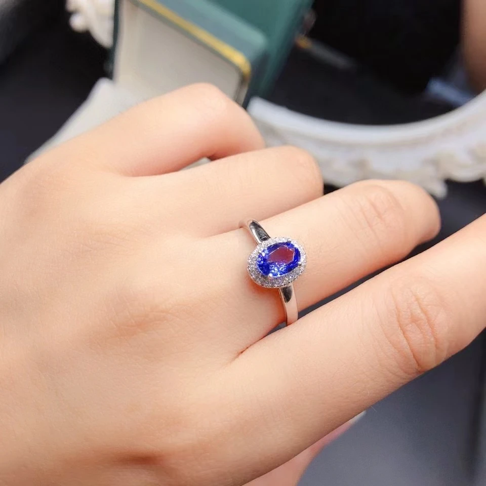 925 Silver Tanzanite Engagement Ring for Woman 5mm*7mm 0.7ct Tanzanite Ring with 3 Layers Gold Plated Keep Shining No Fading