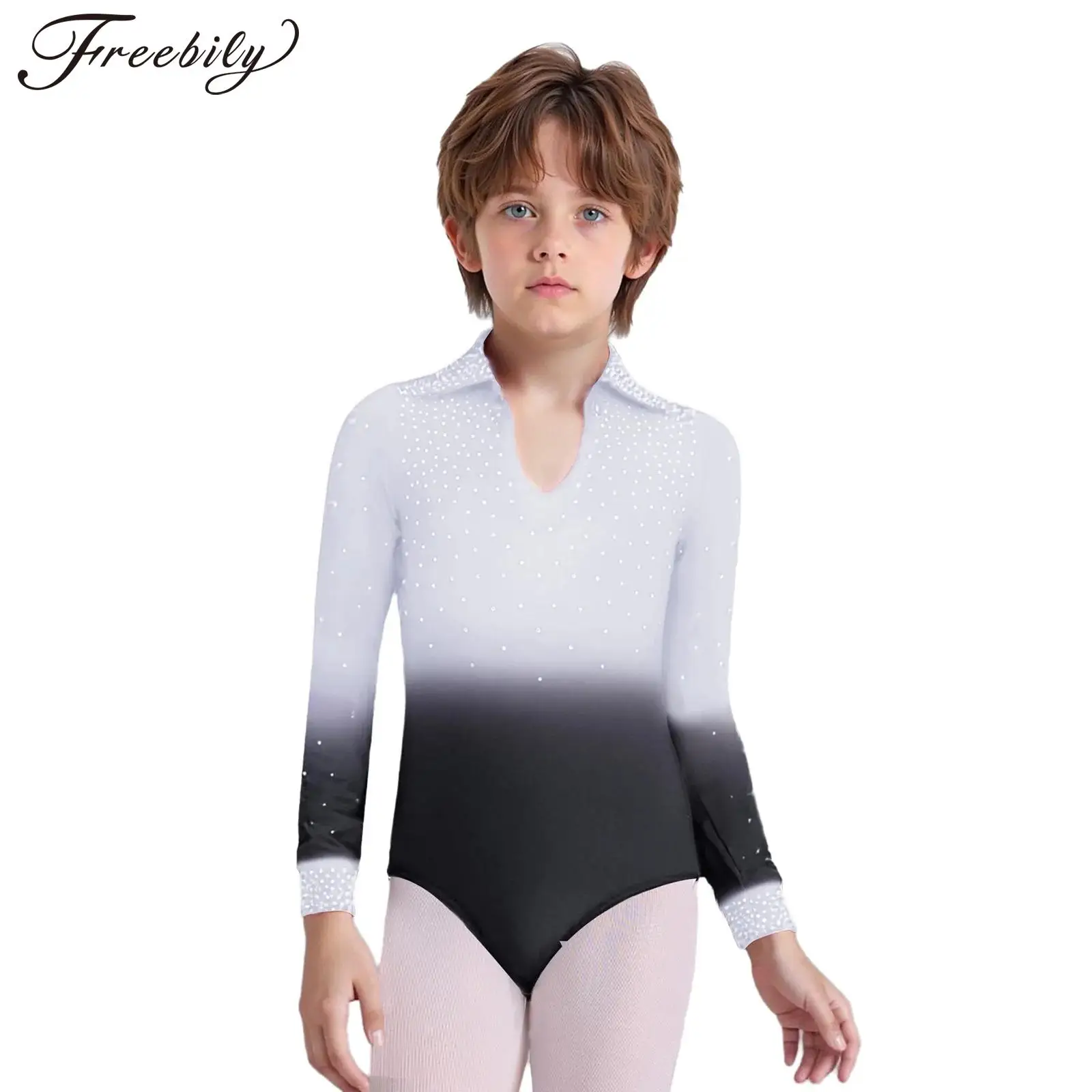 

Boys Gymnastics Leotard Latin Jazz Tango Dance Performance Costume Long Sleeve Shiny Rhinestones Figure Skating Ballet Jumpsuit