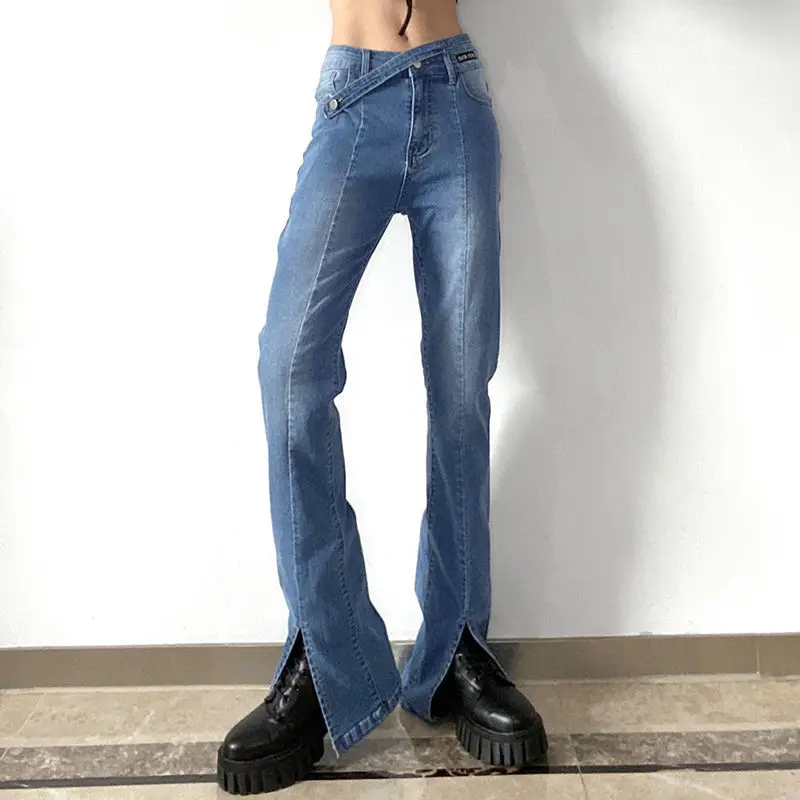 Split Flared Jeans High Quality Asymmetric High Waist American Retro Women Loose Slim Wide-Leg Pants Tide