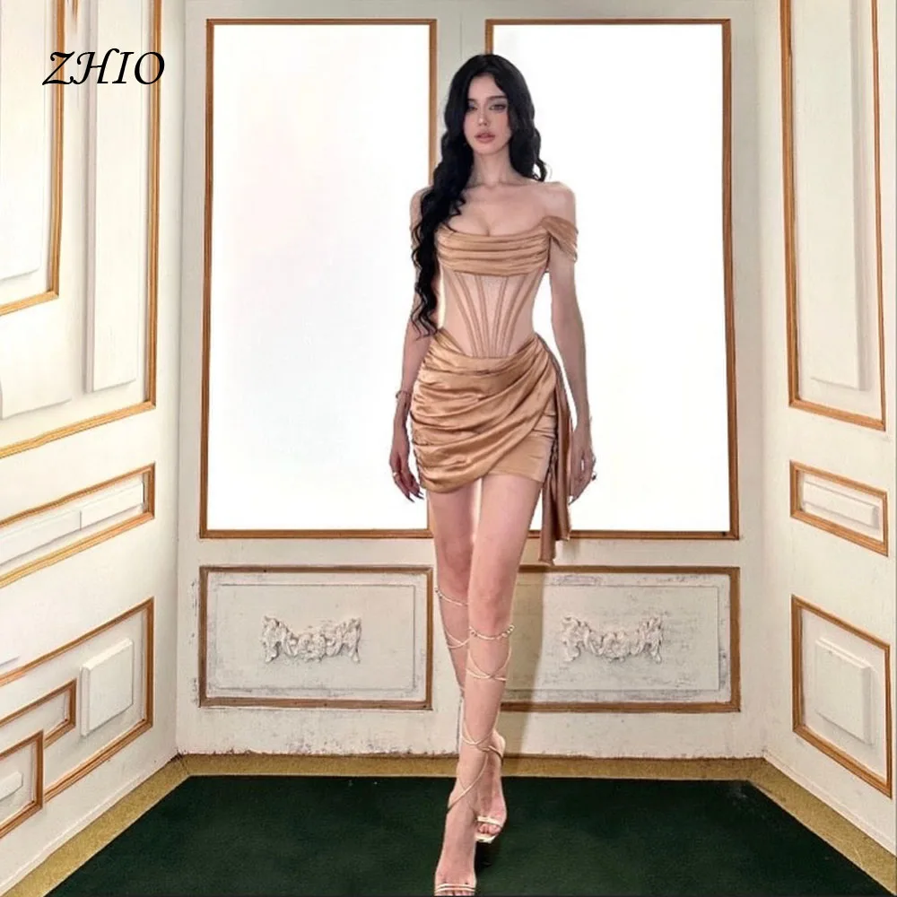 

ZHIO Современные коричневые атласные мини-платья для выпускного вечера с открытыми плечами и складками Короткие коктейльные платья Сексуальное платье для выпускного вечера по индивидуальному заказу