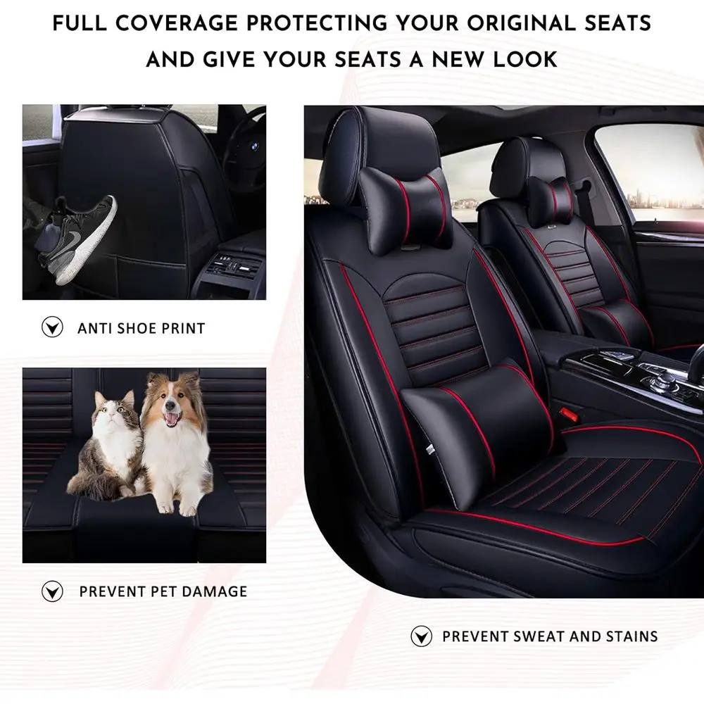 أغطية مقاعد السيارة من الجلد الصناعي باللونين الأسود والأحمر مع وسائد، مقاومة للماء ومسامية، مناسبة لمعظم السيارات وسيارات الدفع الرباعي وTr #3