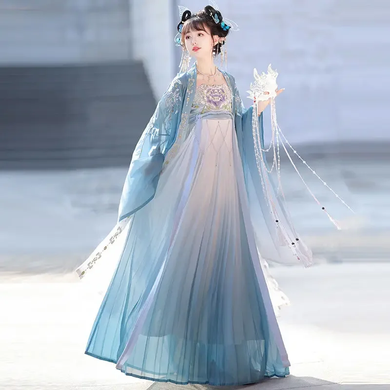 هانفو فستان مطرز على الطراز الصيني ، نمط تانغ الرجعية ، الصيف ، الأزرق ، الطالب ، أداء الكبار ، اطلاق النار ، الرجعية