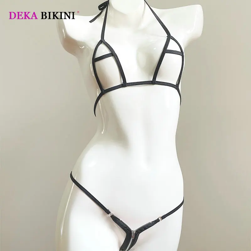 DEKA Thongs Swimwear Women Zipper Bikini Set Open Crotch Hollow Out Swimsuit Extreme Erotic Underwear Lingerie Costum