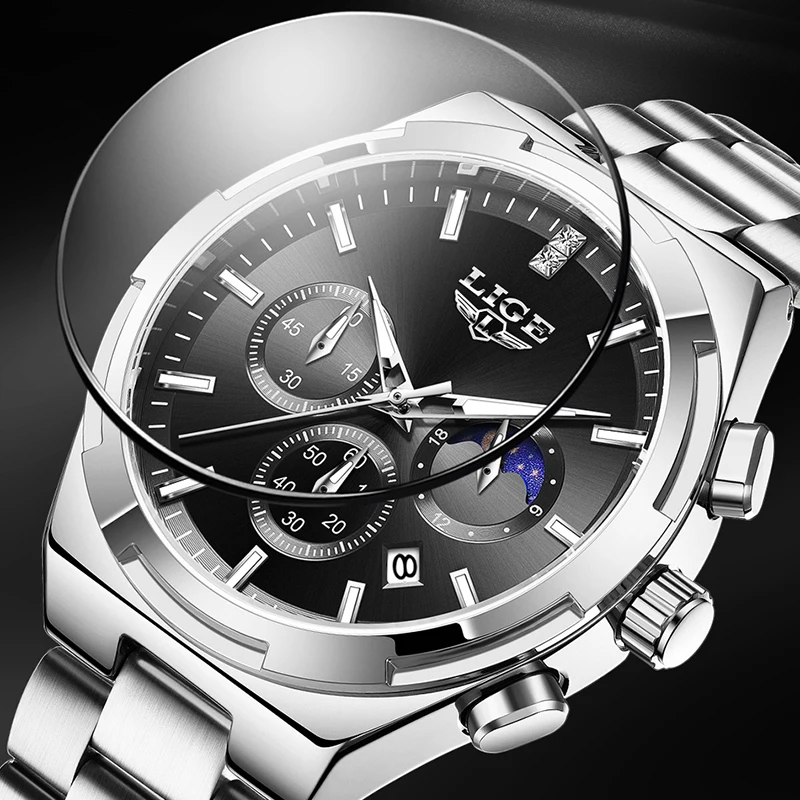 LIGE Luxury Classic Man Watch Business Simple Moon Phase Stainless Steel Auto Date Life Waterproof Quartz Watches for Men Reloj