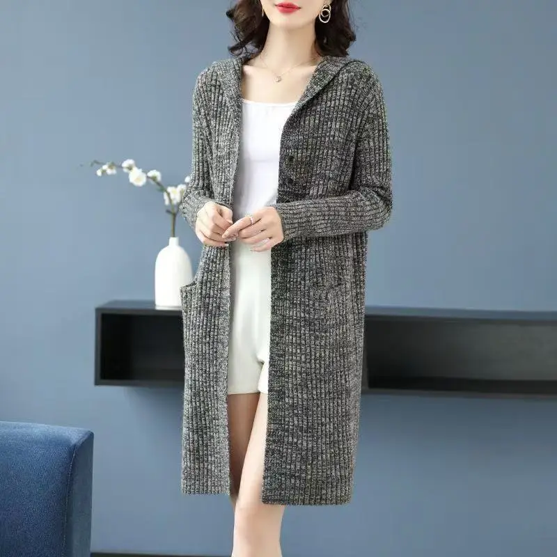 Outono 2025 novo temperamento solto ajuste grande quente hoodie médio longo camisola de lã casaco camisola de caxemira para mulher