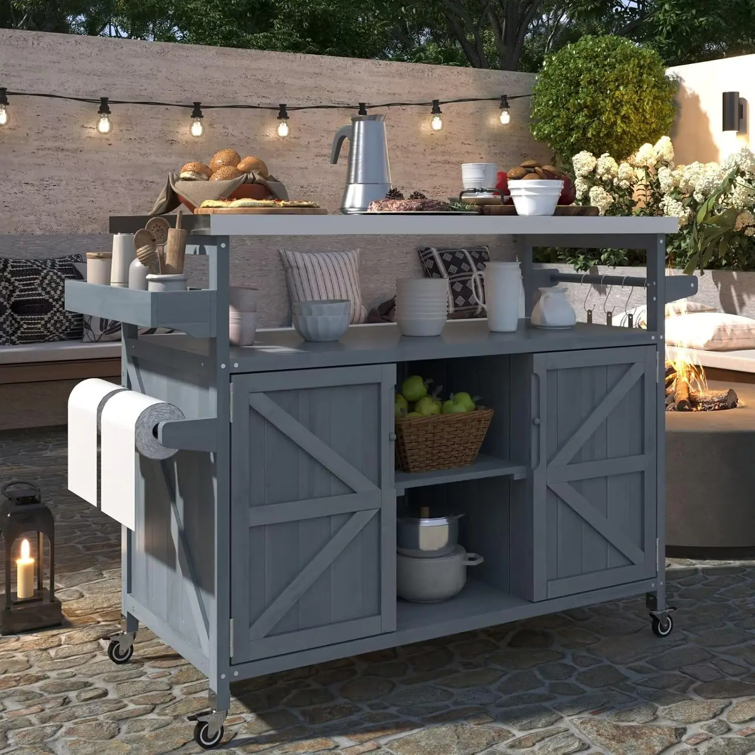 Solid Wood Kitchen Island Cart with Steel Top, Locking Wheels, Cabinet & Spice Rack for Grill Storage, Customized