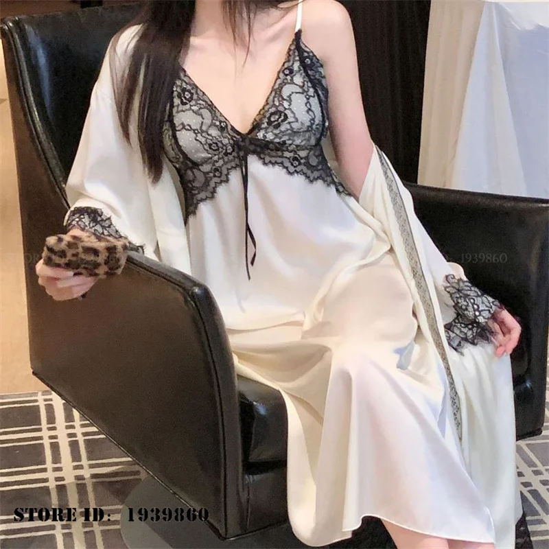 New Female Long Robe Nightgown 2Pcs Set Elegant White Satin Bathrobe Suspender Night Dress Sexy Patchwork Lace Homewear Pajama