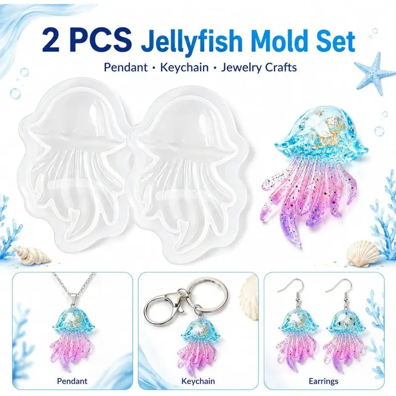 2Set of Jellyfish Resin Molds，Ocean silicone pendant mold，Suitable for epoxy resin keychains、Pendant、Jewelry andDIYHandmade，Semi