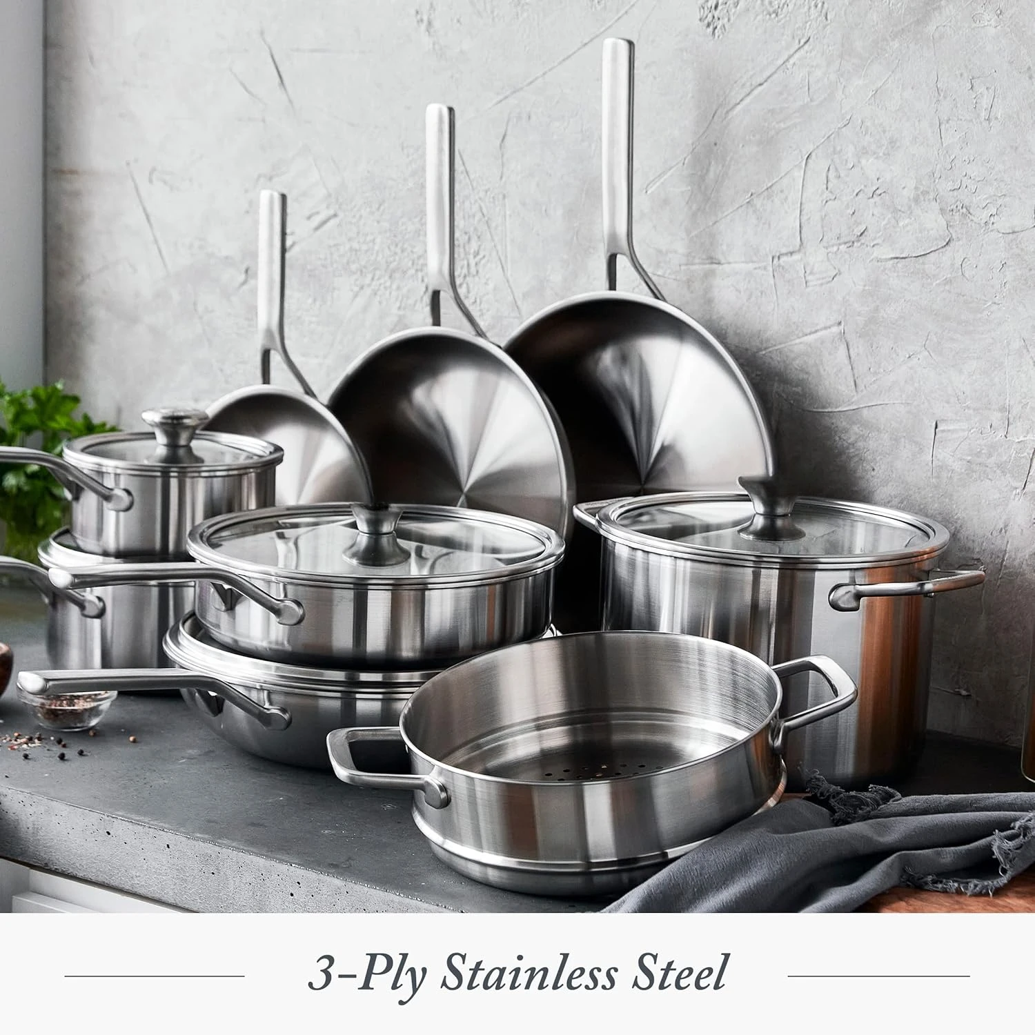 Tri-Ply Stainless Steel 14 Piece Cookware Pots & Pans Set,Professional Cooking,Multi Clad,Measurement Markings