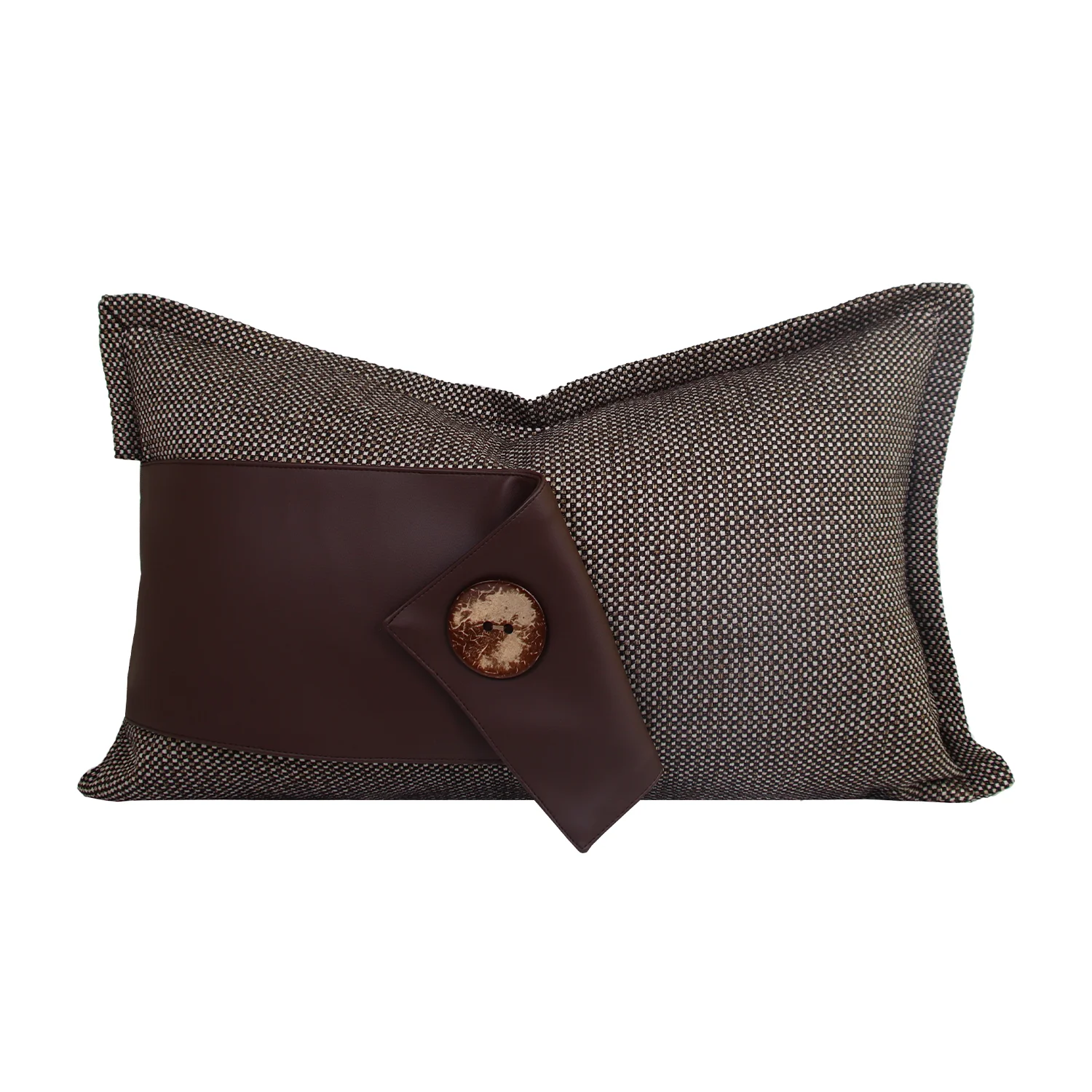 Designer Envelope Lumbar Pillow Cover With PU Leather Band Natural Coconut Buttons Long Decorative Cushion Case for Sofa Bed