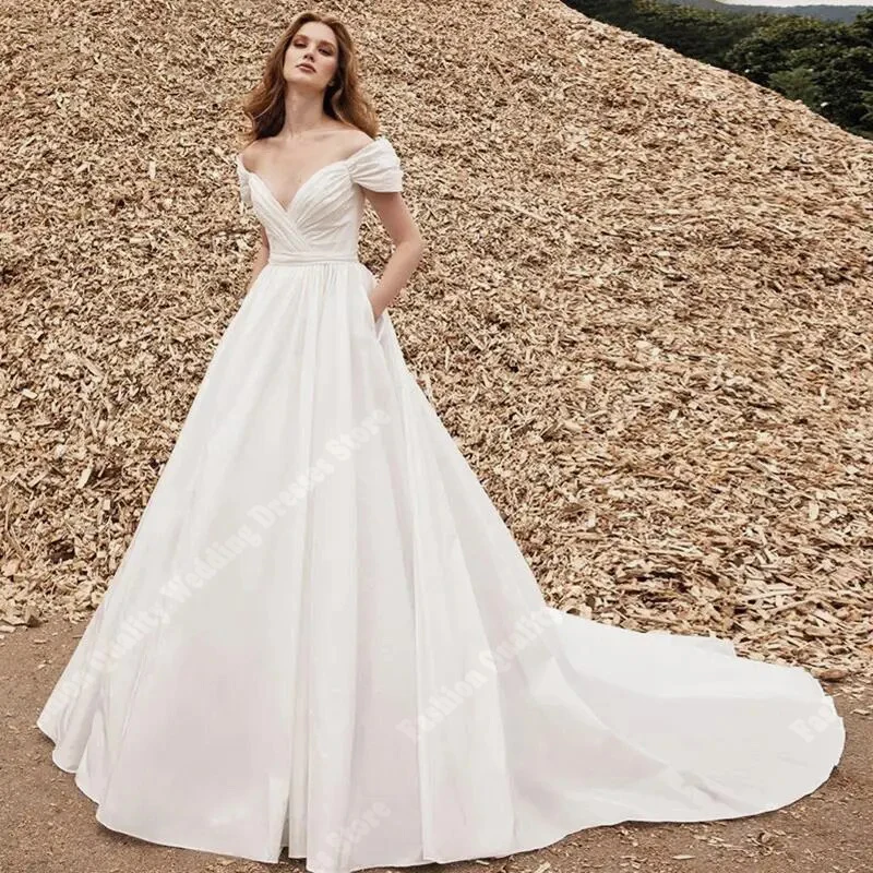 

2024 Off The Shoulder V-Neck Wedding Dresses For Women Newest Satin Surface Bridal Gowns Sexy Mopping Length Vestidos De Novias