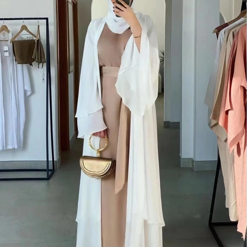 Muslim Long Sleeve Flowy Maxi Cardigan Islamic Open Front Kimono Abaya Robe Turkey Kaftan Solid Color Belted Loose Dress