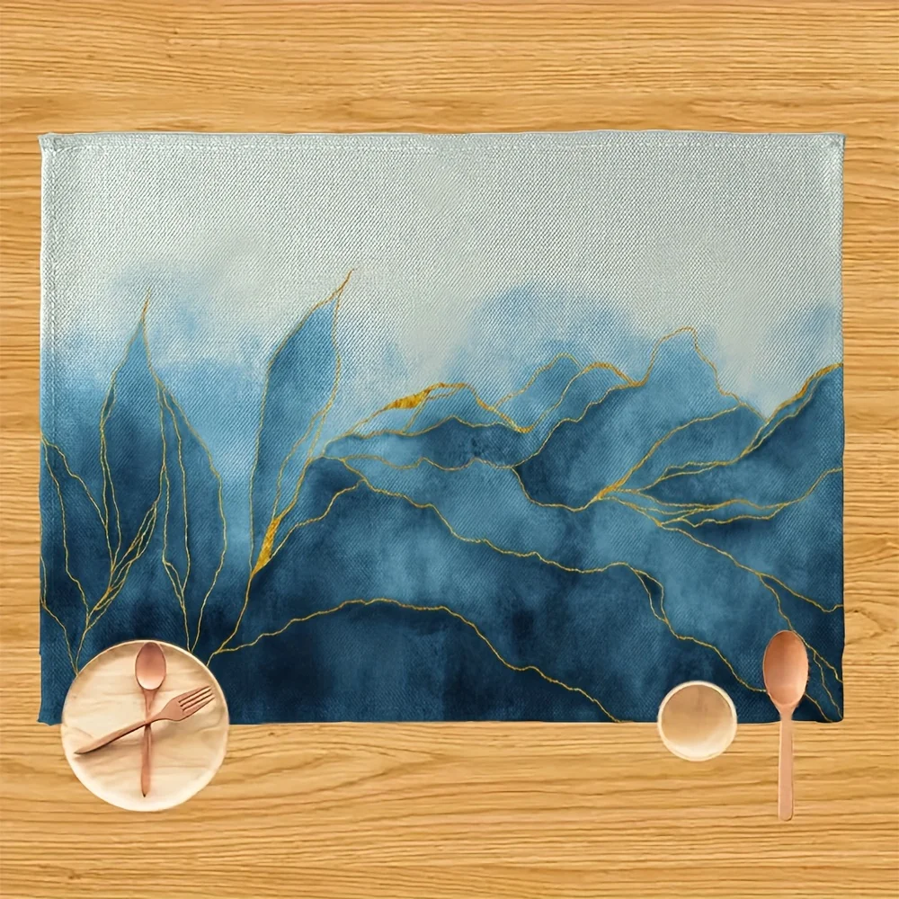 4pc Summer Style Teal Blue Rustic Marble Oil Painting Placemats, Home Kitchen Dining Tabletop Protection, Holiday And Room Decor