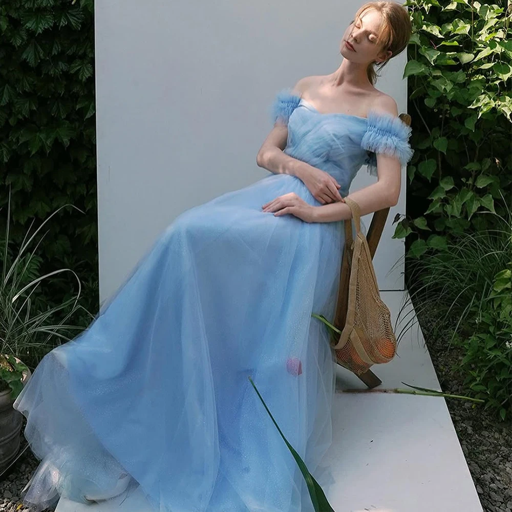 

Bowith Blue Korean Evening Party Dresses Customized Soft Tulle Off the Shoulder Pleats Prom Dresses Korean Wedding Snap Dresses