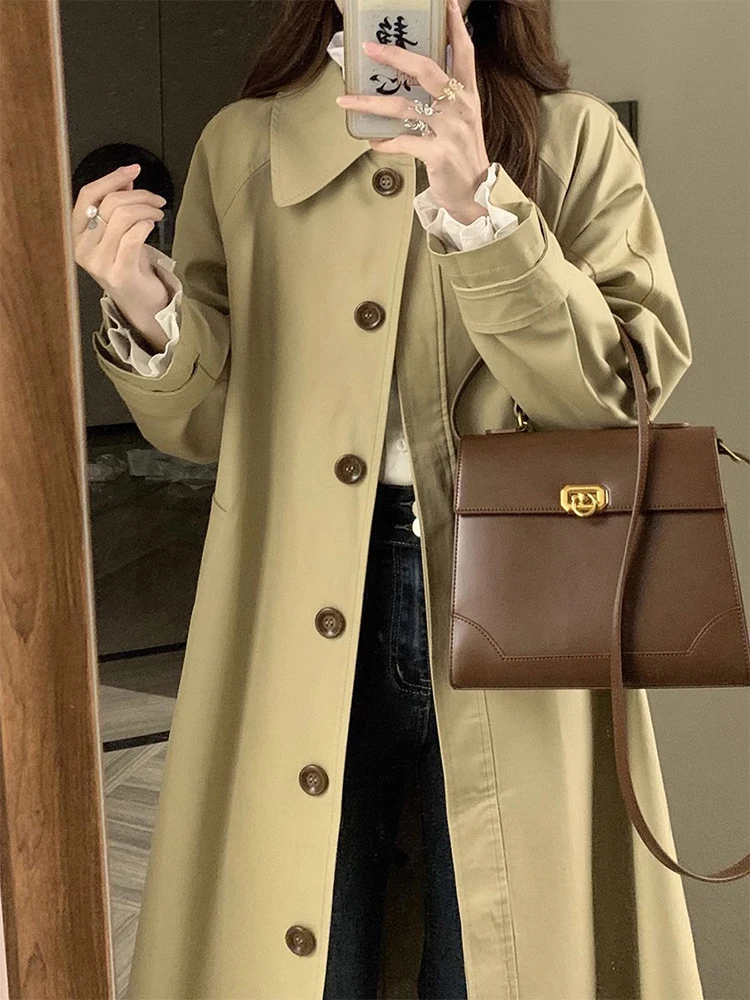 

Khaki Color Women's Jacket 2026 New Style Spring Autumn Korean Chic Retro British Style Medium Long Coat Winter Fashion