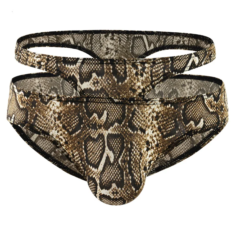 Leopard Print Brief for Men Sexy U Convex Pouch Underwear Fake Two Piece Hip Hugging Fun Panties Gays Erotic Hollow Out Knickers