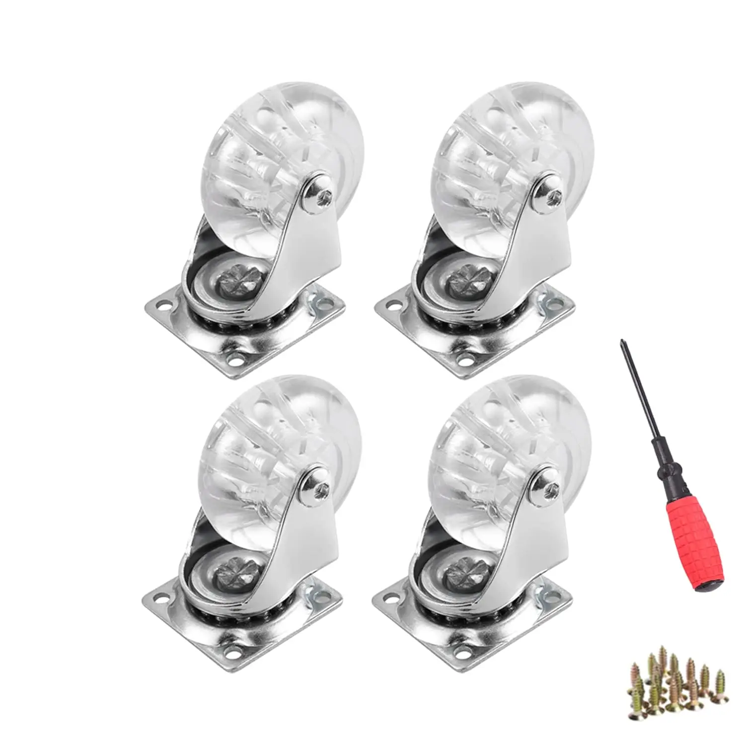 4 Sets of Swivel Casters for Furniture, 2-Inch Casters, Crystal Clear Polyurethane Rolling Casters with 360-Degree Plates