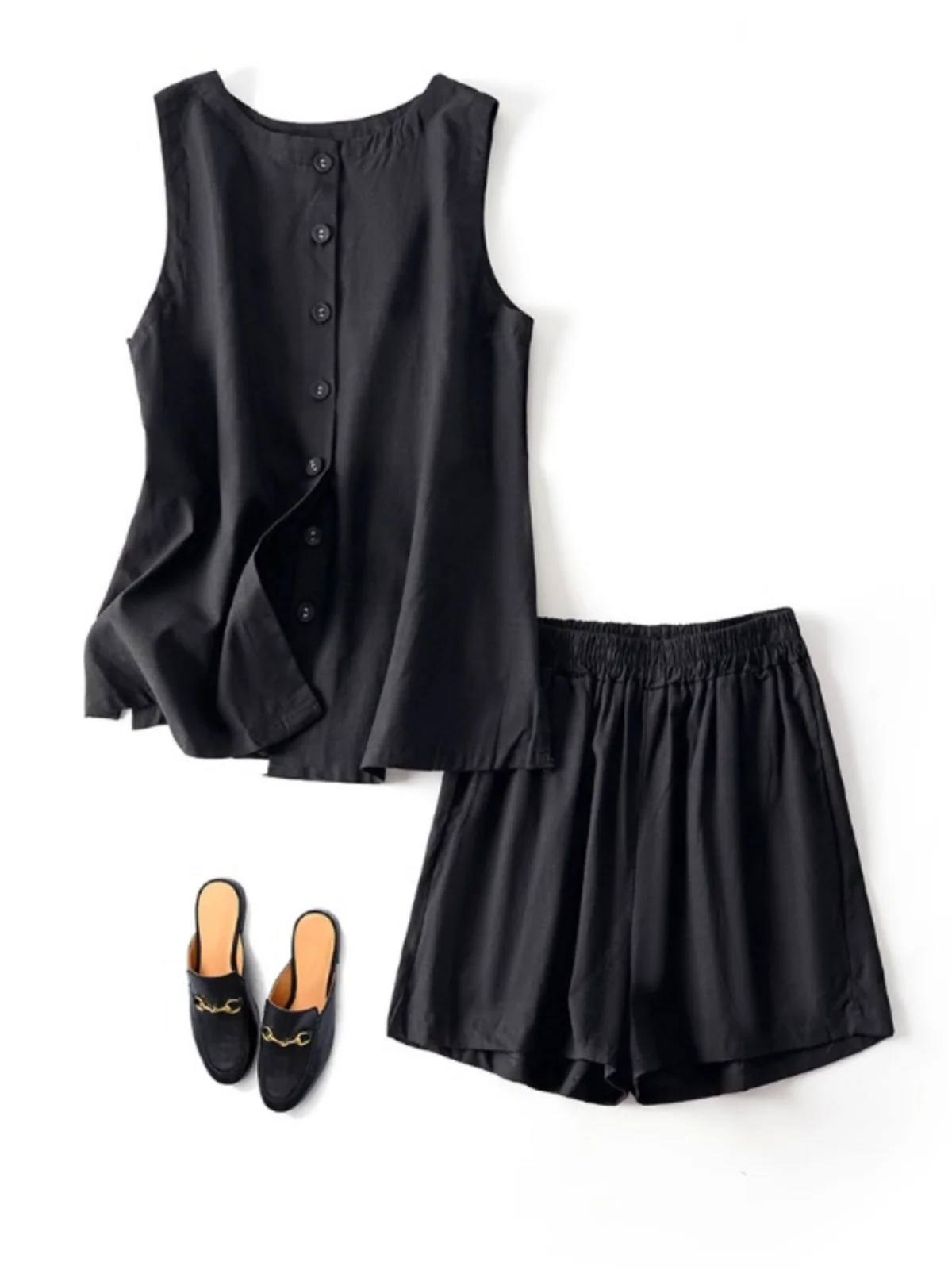 الرجعية القطن الكتان مجموعة المرأة الصيف فضفاضة عارضة Svel تانك الأعلى واسعة الساق orts قطعتين مجموعة Faionable #4