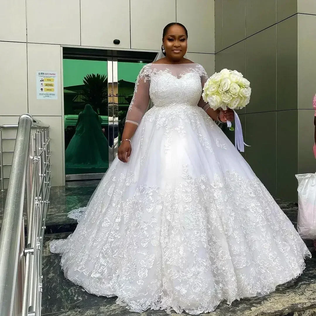 Customized White Lace Plus Size Wedding Dress Illusion Jewel 3/4 Sleeves Corset Up Back Big Lady African Bridal Gowns