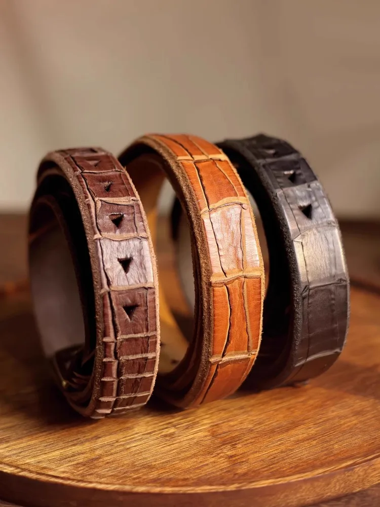 Retro Design Genuine Leather Mens Belt High Quality Handmade Copper Needle Buckle Casual Cowboy Cow Leather Waistband For Jeans