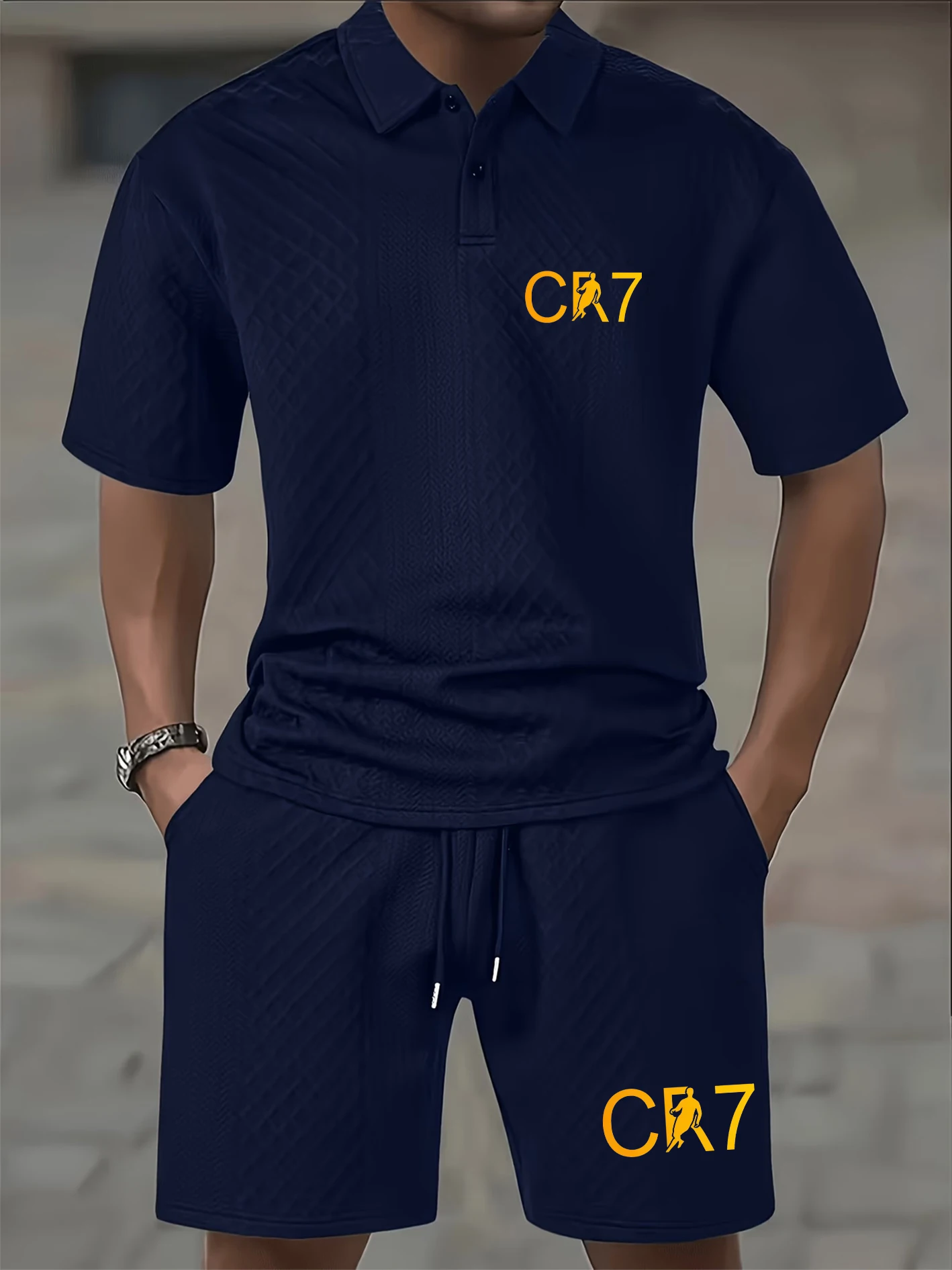 

Men's CR7 Waffle Knit Polo Set, Breathable Textured Fabric, Turn-down Collar, Two-button Placket, Slim-fit. Ideal for casual