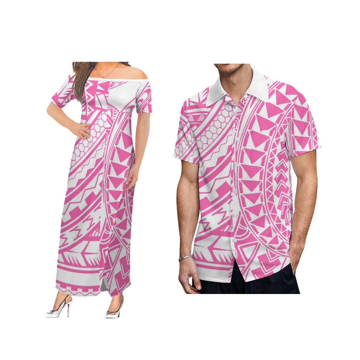 

Polynesian Women'S Strapless Dress Sexy High Slit Design Samoan Tribe Men'S Single Pocket Shirt 2024 Newest Fashion Couple Set