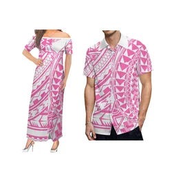 Polynesian Women'S Strapless Dress Sexy High Slit Design Samoan Tribe Men'S Single Pocket Shirt 2024 Newest Fashion Couple Set