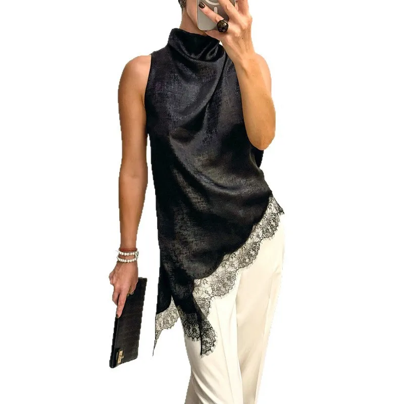 Canotta dolcevita irregolare in pizzo vintage da donna Street Chic Gilet senza maniche nero Moda femminile Patchwork Camis 2026 Primavera