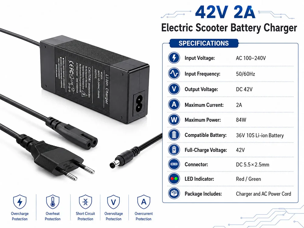 42V 2A 5A Electric Charger 1 Prong 5.5mm DC Plug for 36V 10S Lithium Battery Compatible with Gotrax Charger