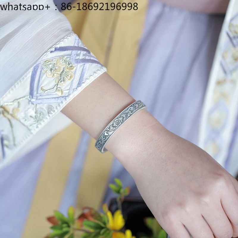 Silver Bracelet 999 Sterling Silver Ancient Hand-carved Twisted Wire Relief String Lotus