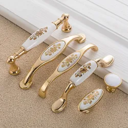 European Gold Flower Ceramic Handle Modern Simple Cabinet Wardrobe Door Knob Cabinet Classical Antique Pulls Hardware