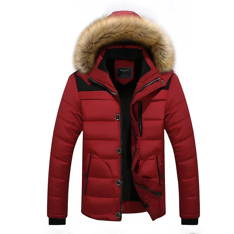 Parka quente grossa forrado de lã masculina, capuz destacável, casaco de gola de pele, jaqueta de pelúcia masculina, à prova de vento, outono, inverno, trabalho, novo