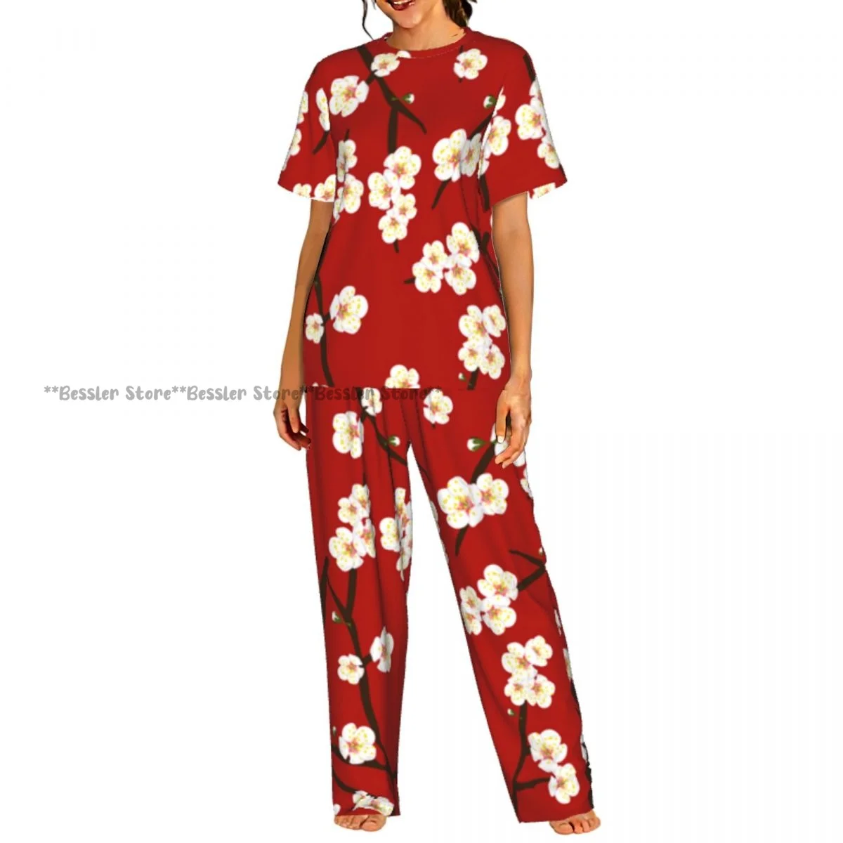 Conjunto de pijama informal de pantalones cortos con estampado de flores de cerezo para mujer