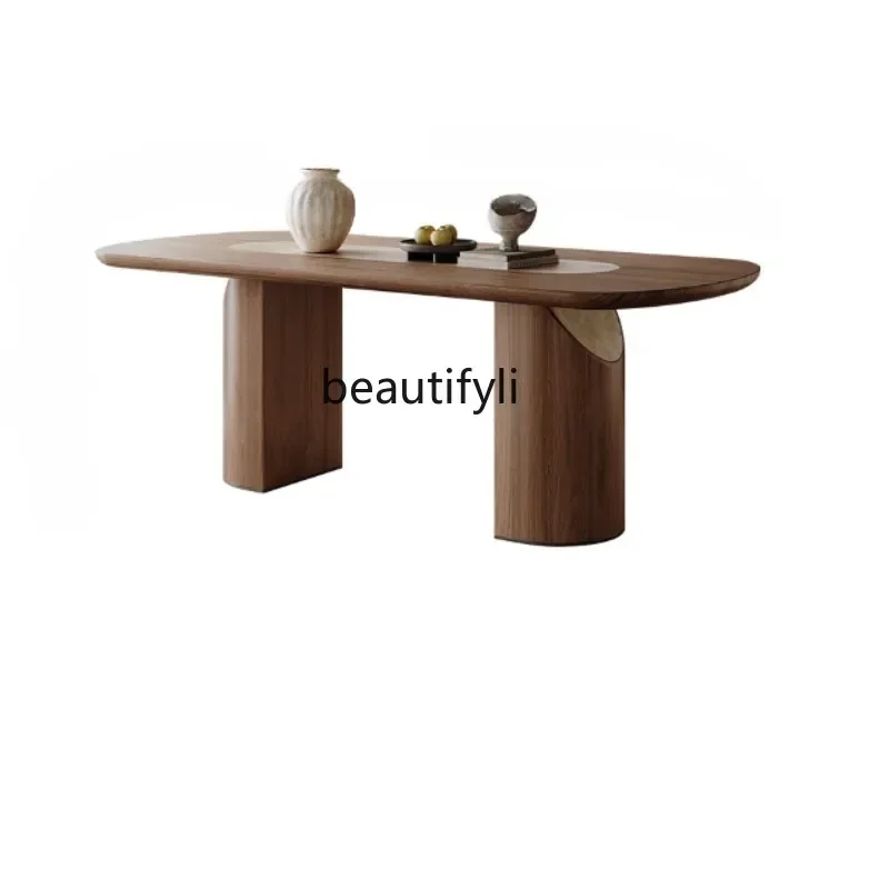 

SSDining table light luxury modern simple living room home high-end solid wood rock slab French antique dining tableNew Light Lu