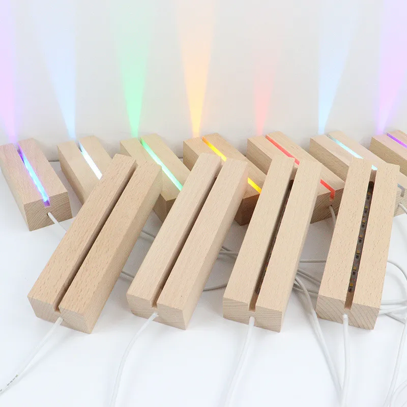 100Pcs 12/15cm 3D Led Wooden Lamp Base Acrylic Night Light Holder Rectangle USB Crystal Glass Lights Art Decor Lighting