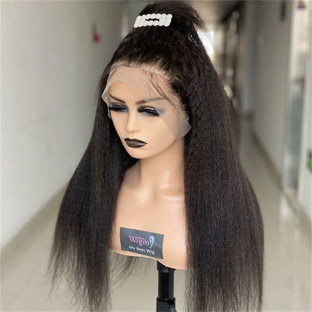 

Natural Black Yaki Soft 180Density 26Inch Kinky Straight Long Lace Front Wig For Women With Baby Hair Preplucked Daily Glueless