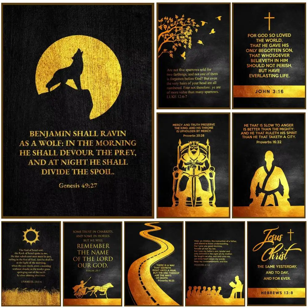 Vintage Golden Style Bible Verses Psalm Poster Wall Stickers Self Adhesive Painting HD Art Decals for Bedroom Room Home Decor