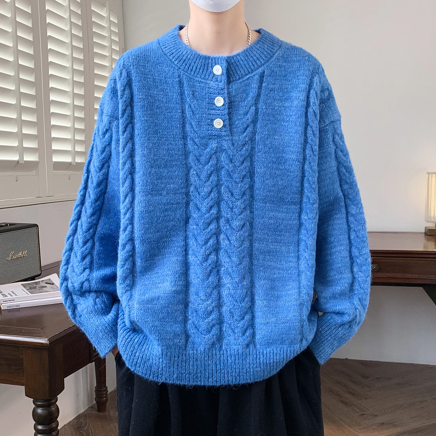 

Новый мужской повседневный свитер, свободные уличные вязаные пуловеры, однотонный пуловер с длинным рукавом и круглым вырезом, модные вязаные свитера для мужчин