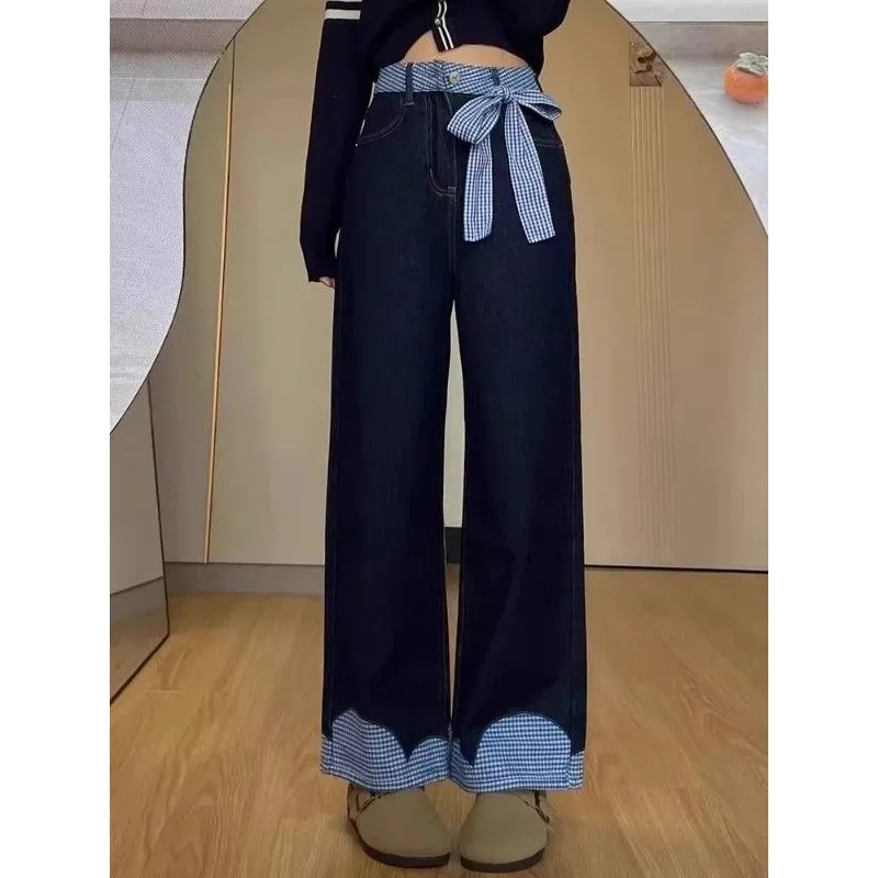 

Retro High Waist Wide Leg Jeans Women's Slimming Loose Fit Floor-Length Trousers Unique Design Ladies Denim Pants