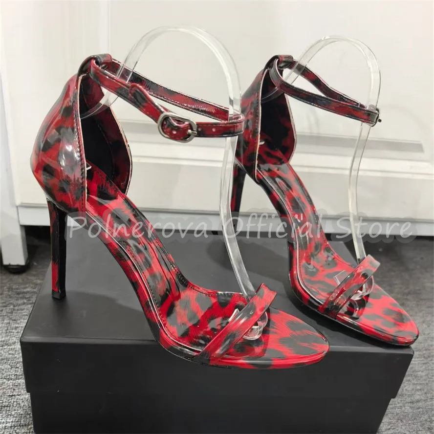 

Peep Toe Stilettos Buckle Strap Gladiator Pumps Lady Summer Dress Shoes Sexy Leopard Pattern One-Strap High Heel Women Sandals