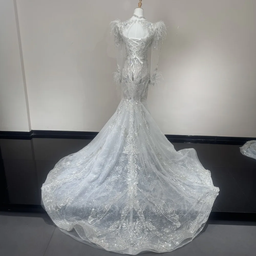 Customized Shining Wedding Dresses With Feathers Mermaid V-neck Beading Long Sleeves Plus Size Bride Dresses Vestido De Noivas
