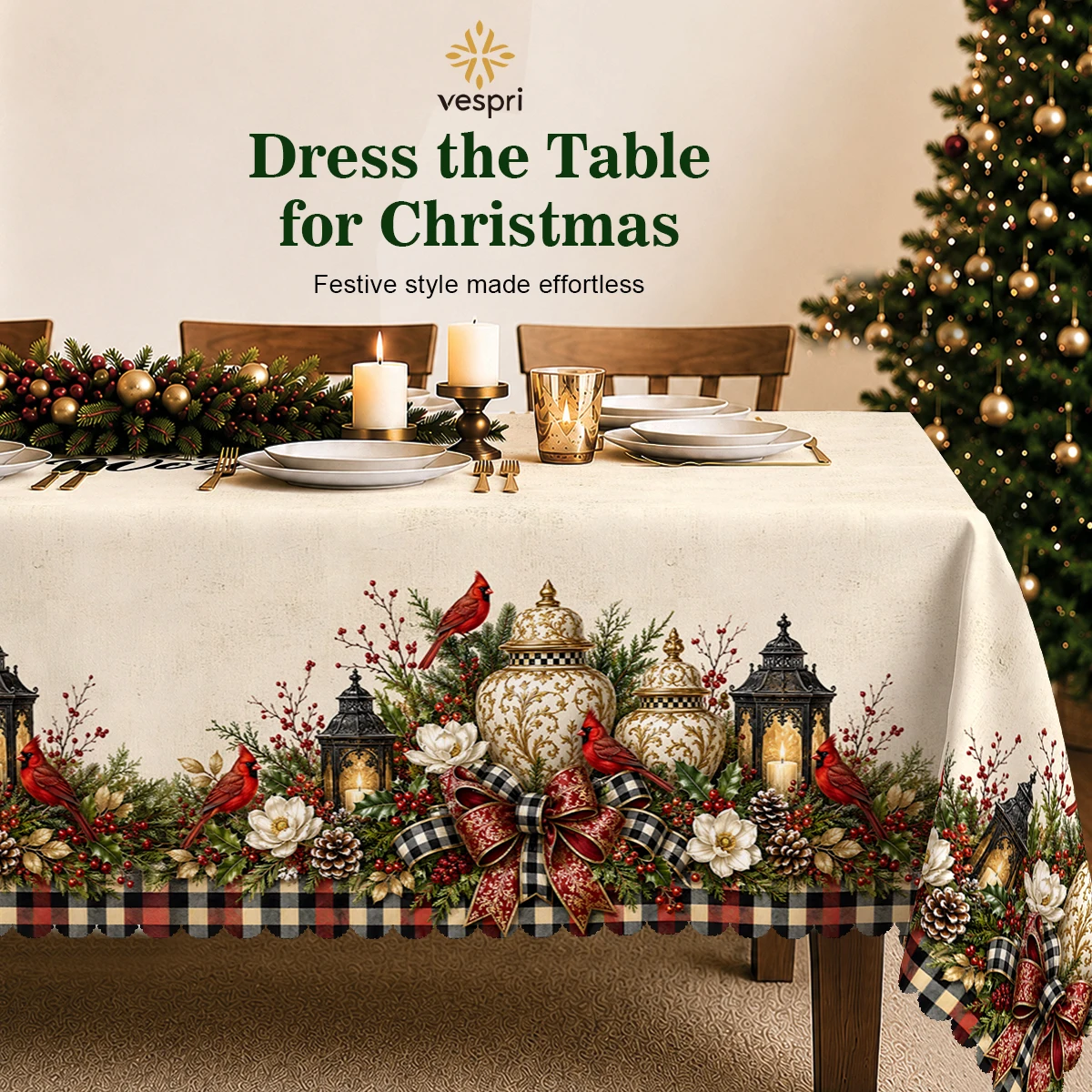 Woodland Tablecloth with Greenery, Wreaths & Cardinals for Indoor/Outdoor Camping decor, Rectangular/Round/Oval